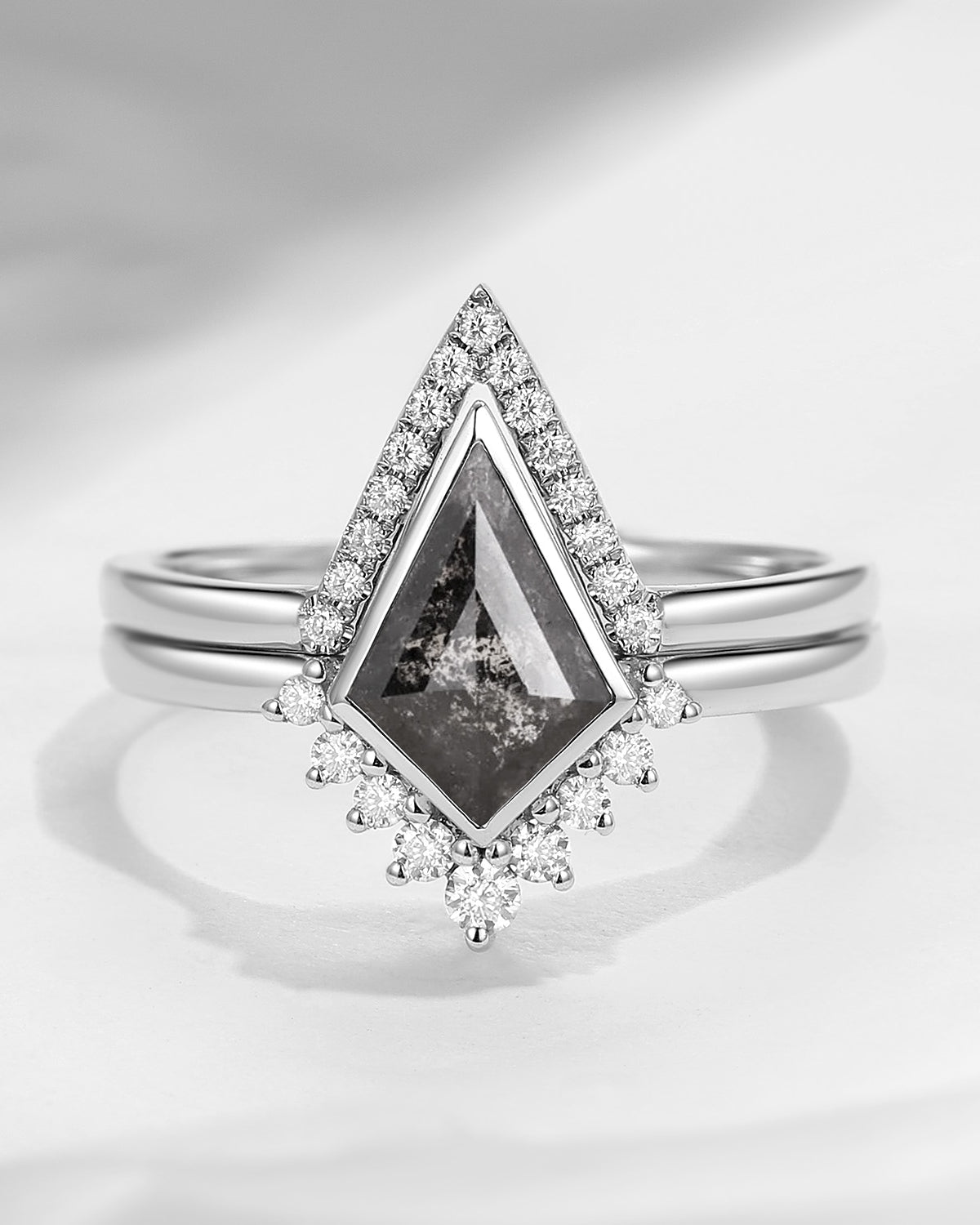 Classic Kite Cut Salt and Pepper Diamond Ring Set 2pcs-Statement