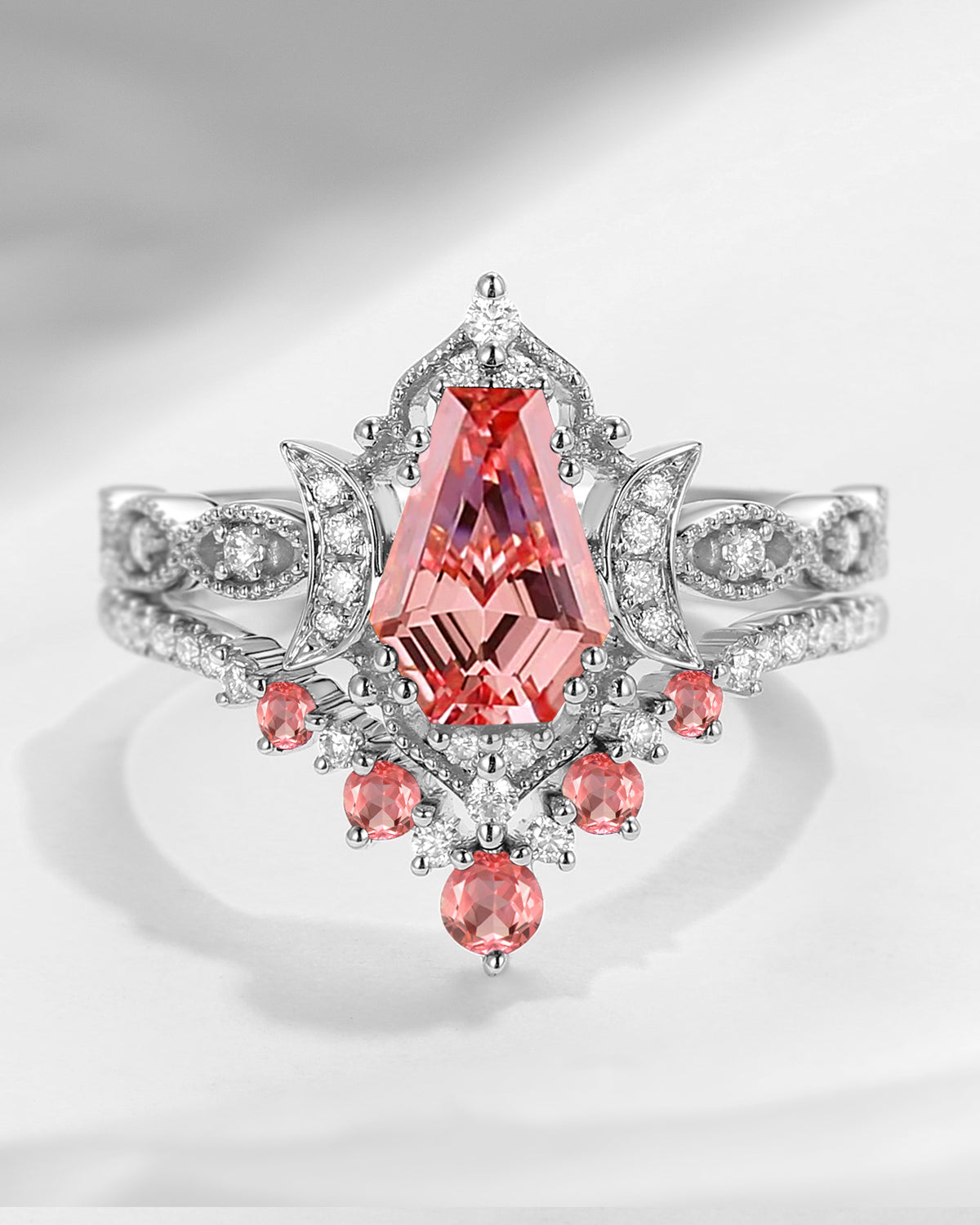 Crescent Moon | Coffin Cut Lab Padparadscha 'Till Death Do Us Apart' Ring Set 2pcs