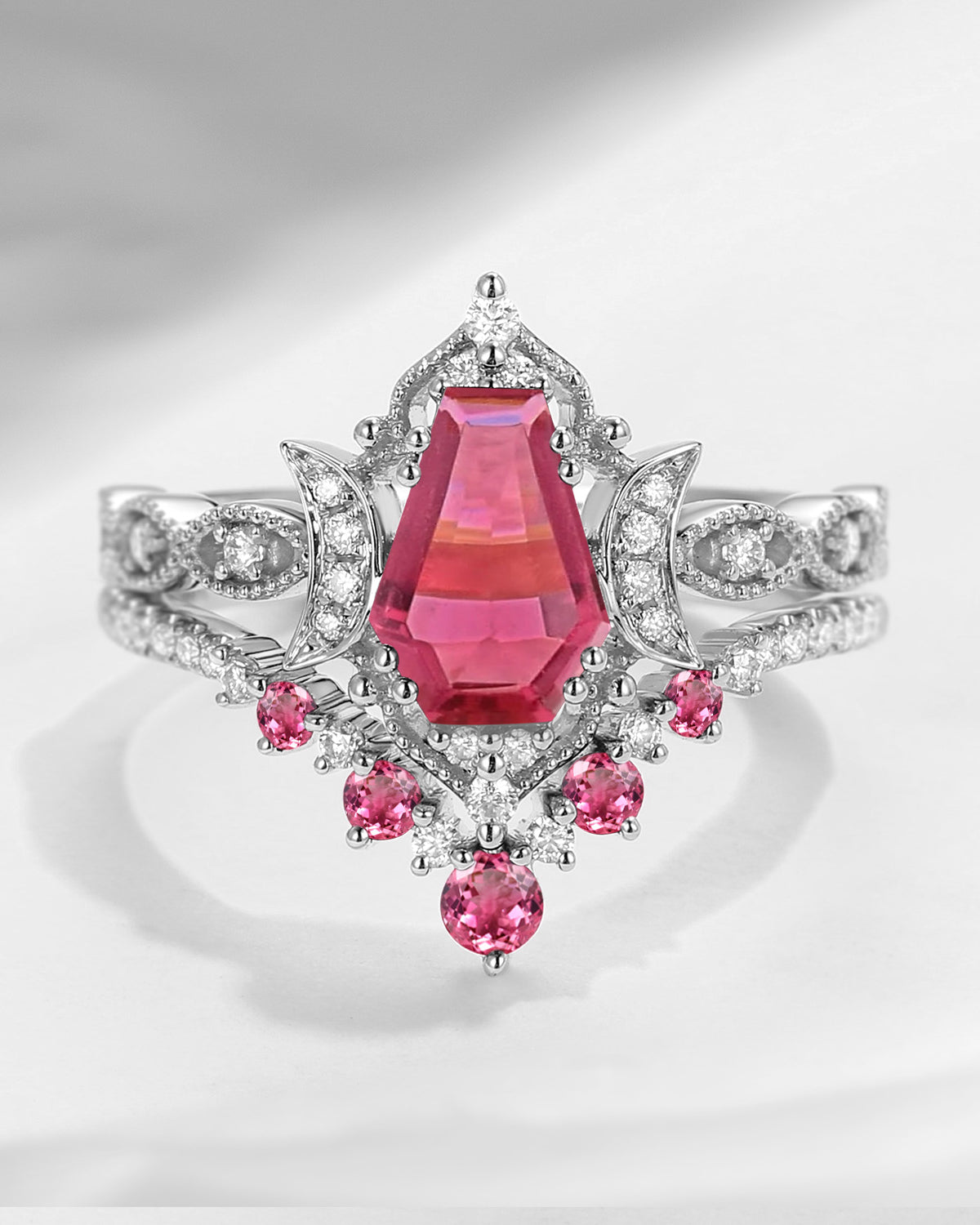 Crescent Moon | Coffin Cut Pink Tourmaline 'Till Death Do Us Apart' Ring Set 2pcs