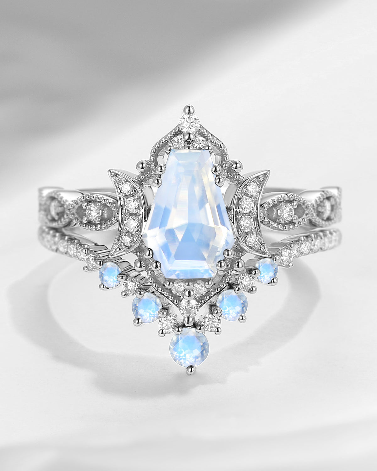 Crescent Moon | Coffin Cut Moonstone 'Till Death Do Us Apart' Ring Set 2pcs