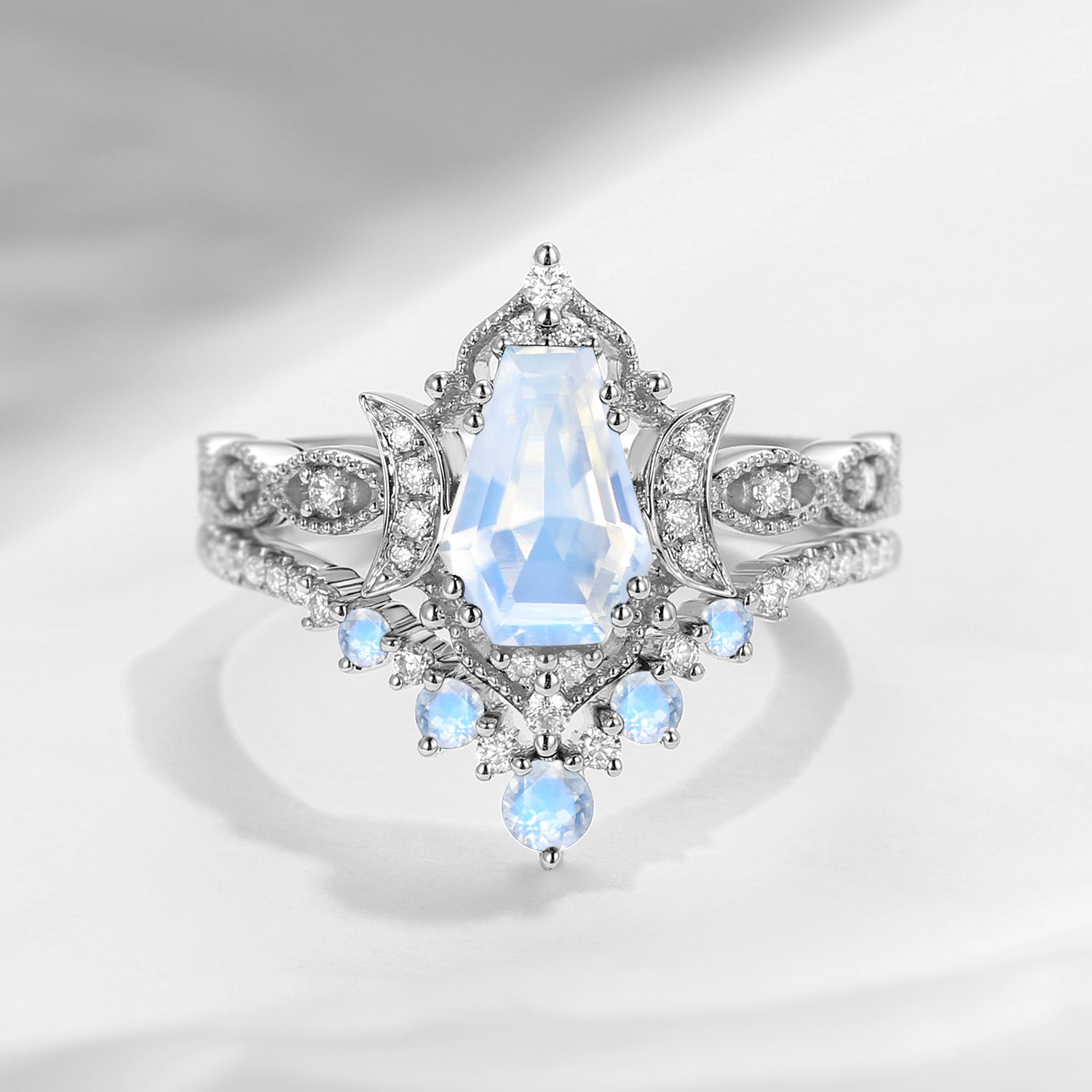 Crescent Moon | Coffin Cut Moonstone 'Till Death Do Us Apart' Ring Set 2pcs