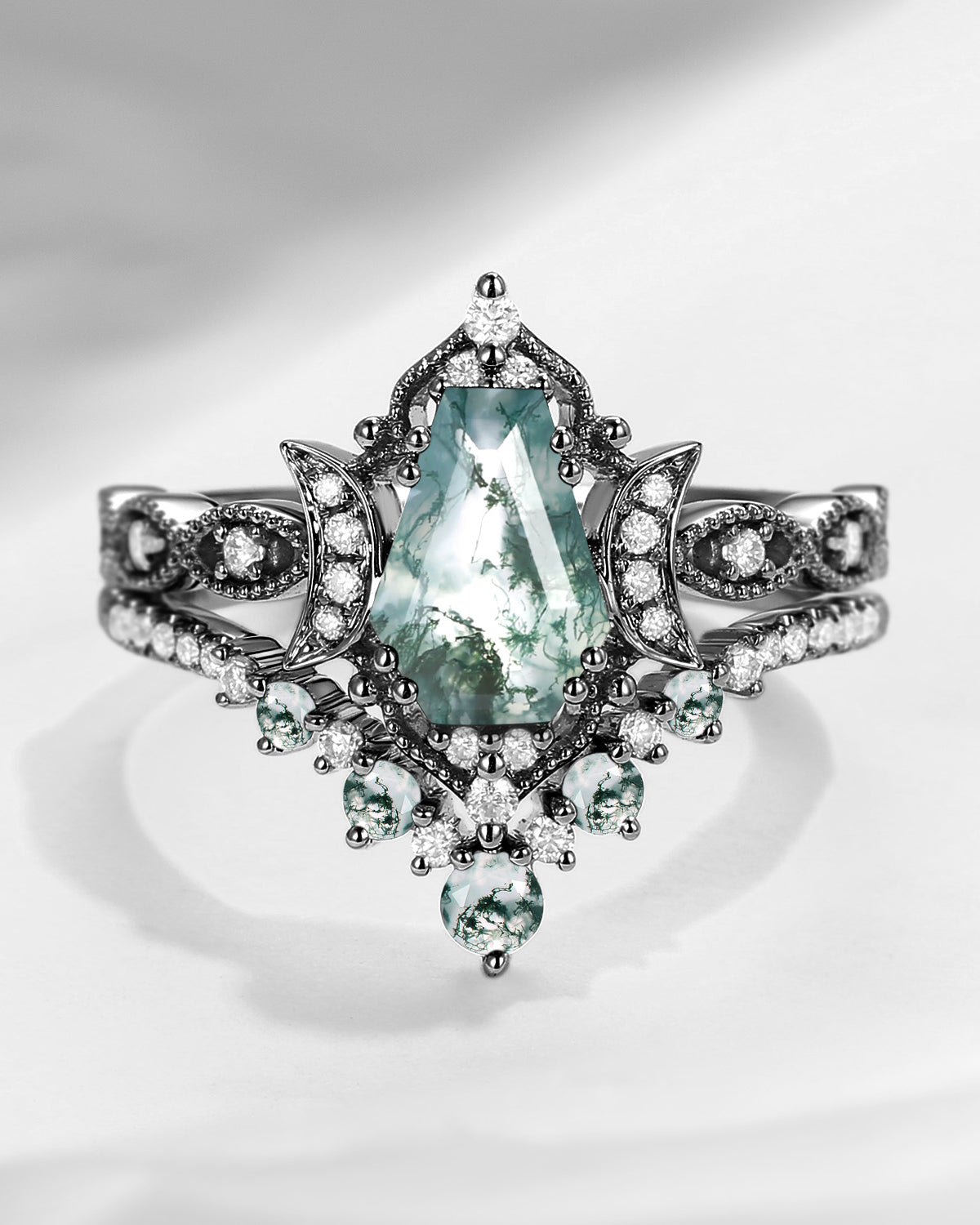 Crescent Moon | Coffin Cut Moss Agate 'Black Statement' Ring Set 2pcs