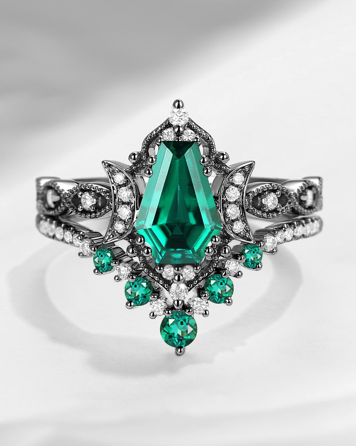 Crescent Moon | Coffin Cut Lab Emerald 'Black Statement' Ring Set 2pcs