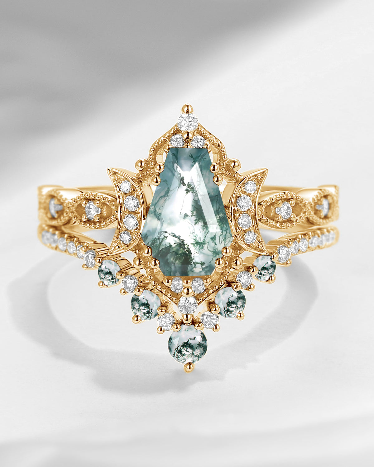 Crescent Moon | Coffin Cut Moss Agate 'Till Death Do Us Apart' Ring Set 2pcs