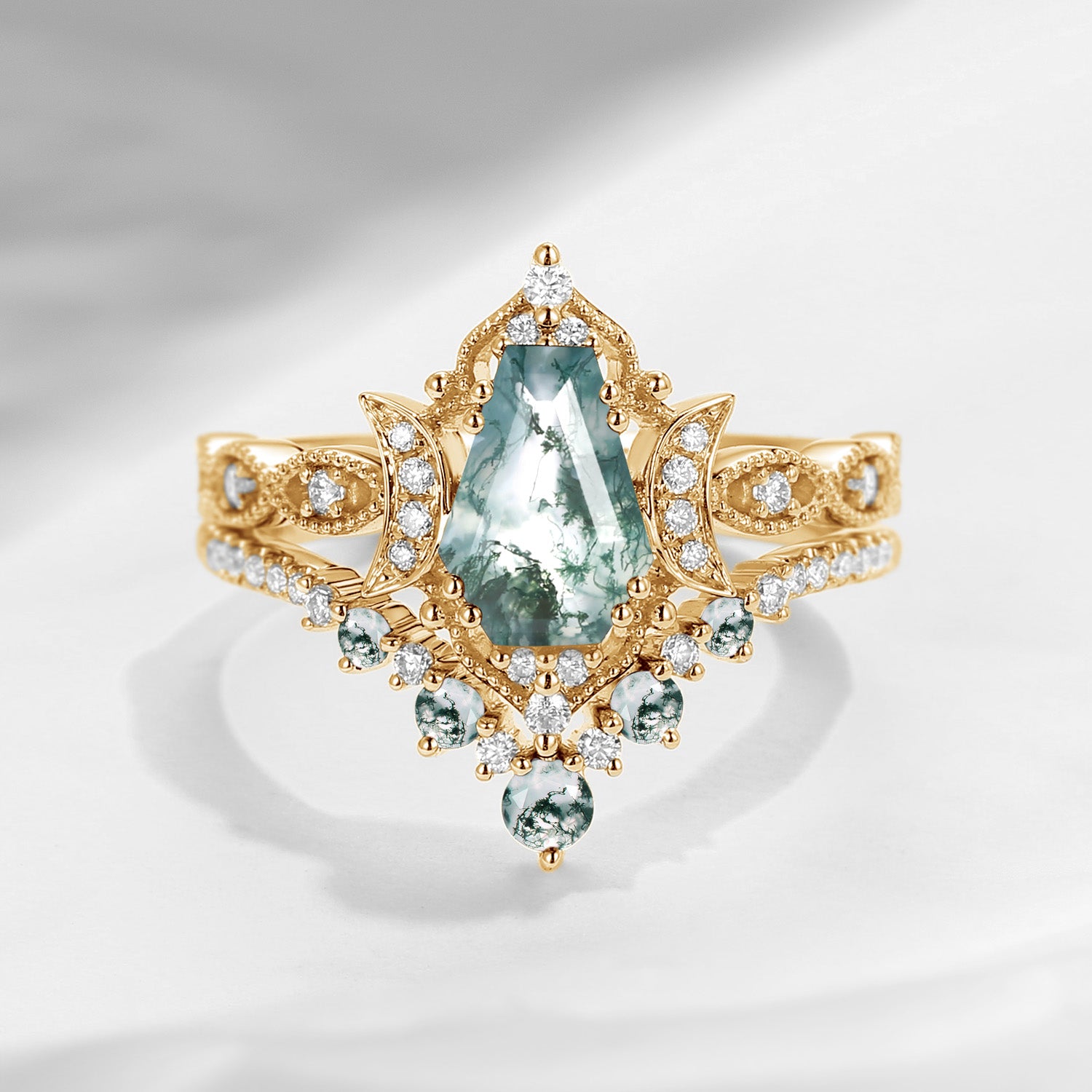 Crescent Moon | Coffin Cut Moss Agate 'Till Death Do Us Apart' Ring Set 2pcs