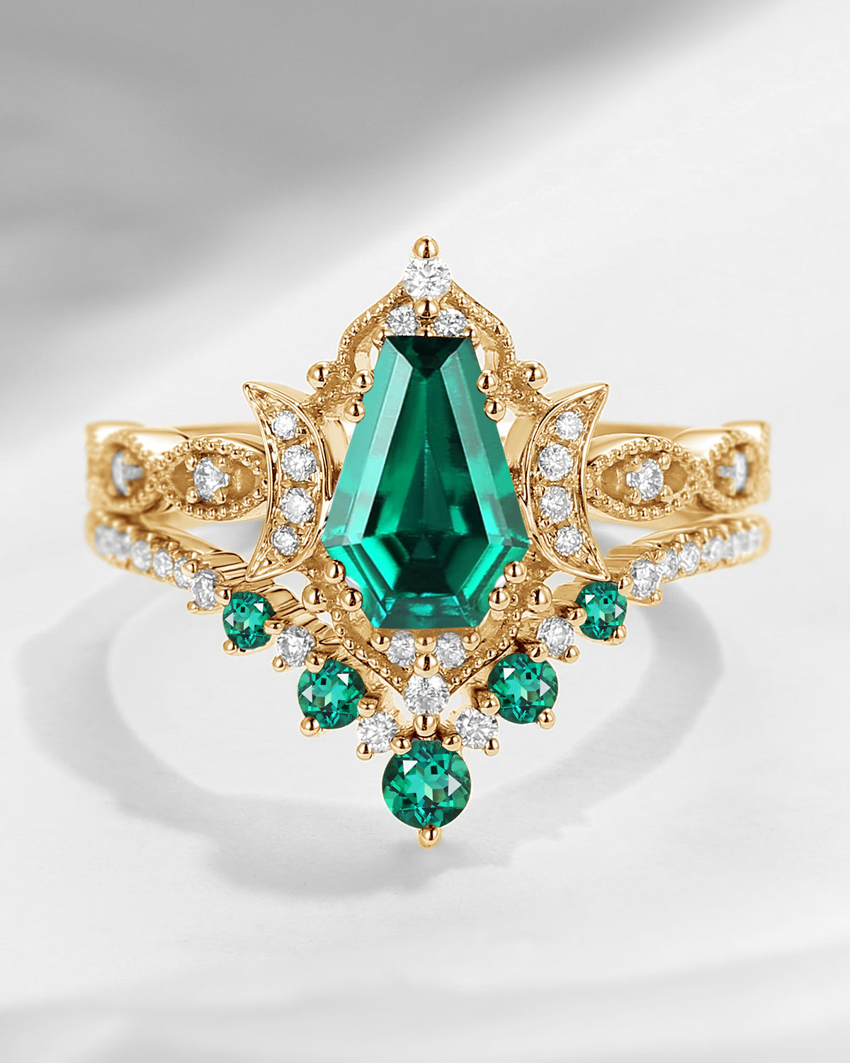 Crescent Moon | Coffin Cut Lab Emerald 'Till Death Do Us Apart' Ring Set 2pcs
