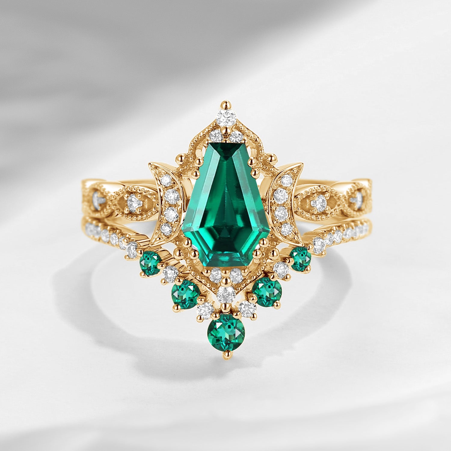 Crescent Moon | Coffin Cut Lab Emerald 'Till Death Do Us Apart' Ring Set 2pcs