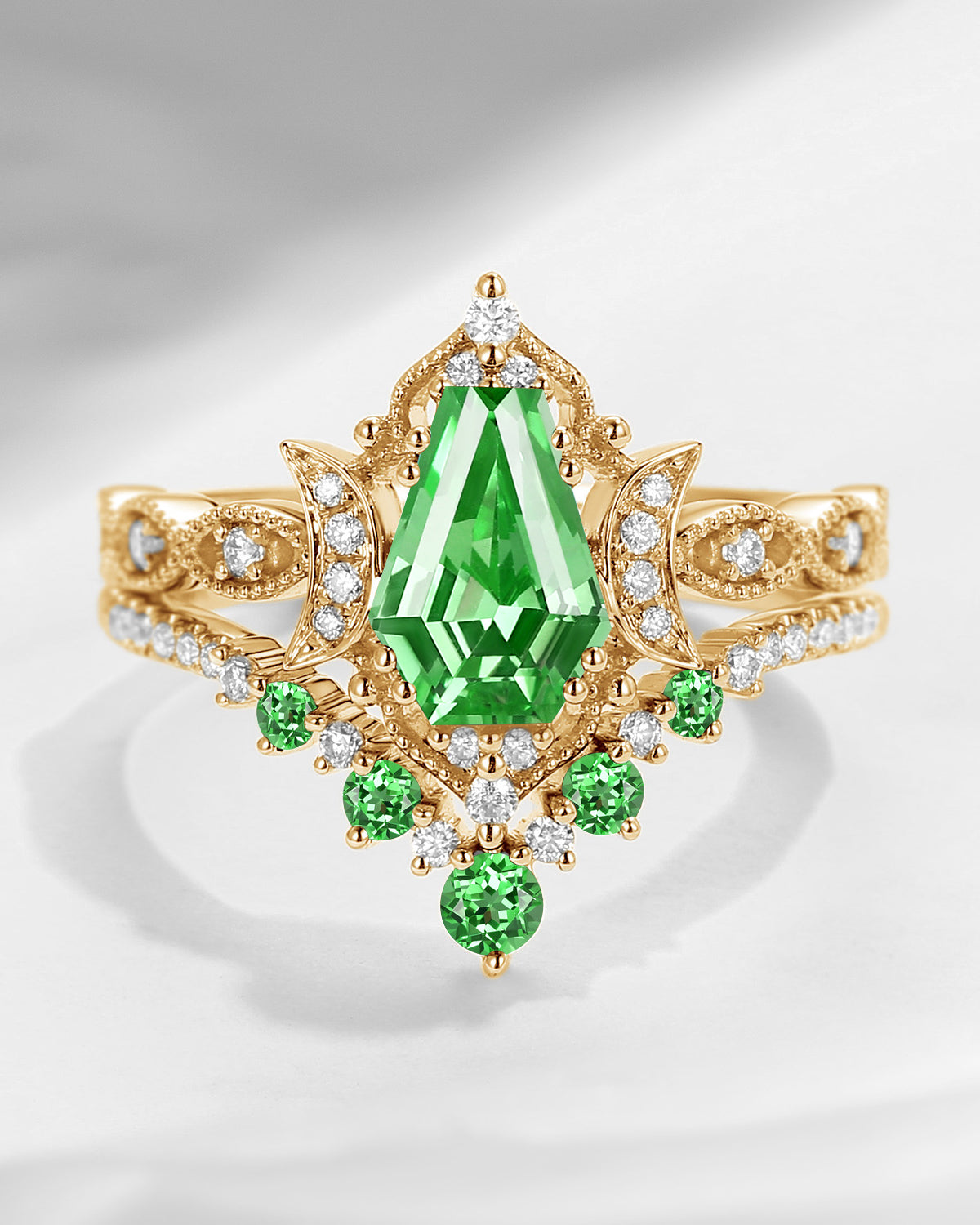 Crescent Moon | Coffin Cut Lab Tsavorite 'Till Death Do Us Part' Engagement Ring Set 2pcs