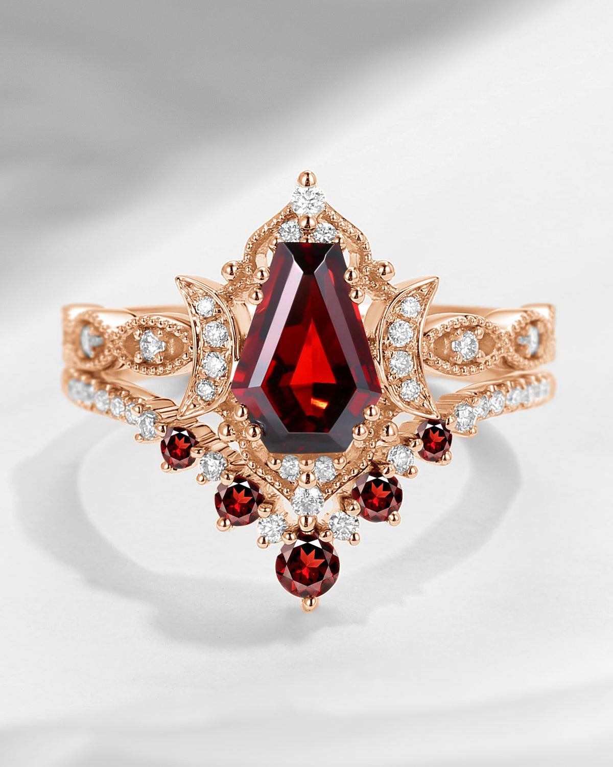 Crescent Moon | Coffin Cut Garnet 'Till Death Do Us Apart' Ring Set 2pcs
