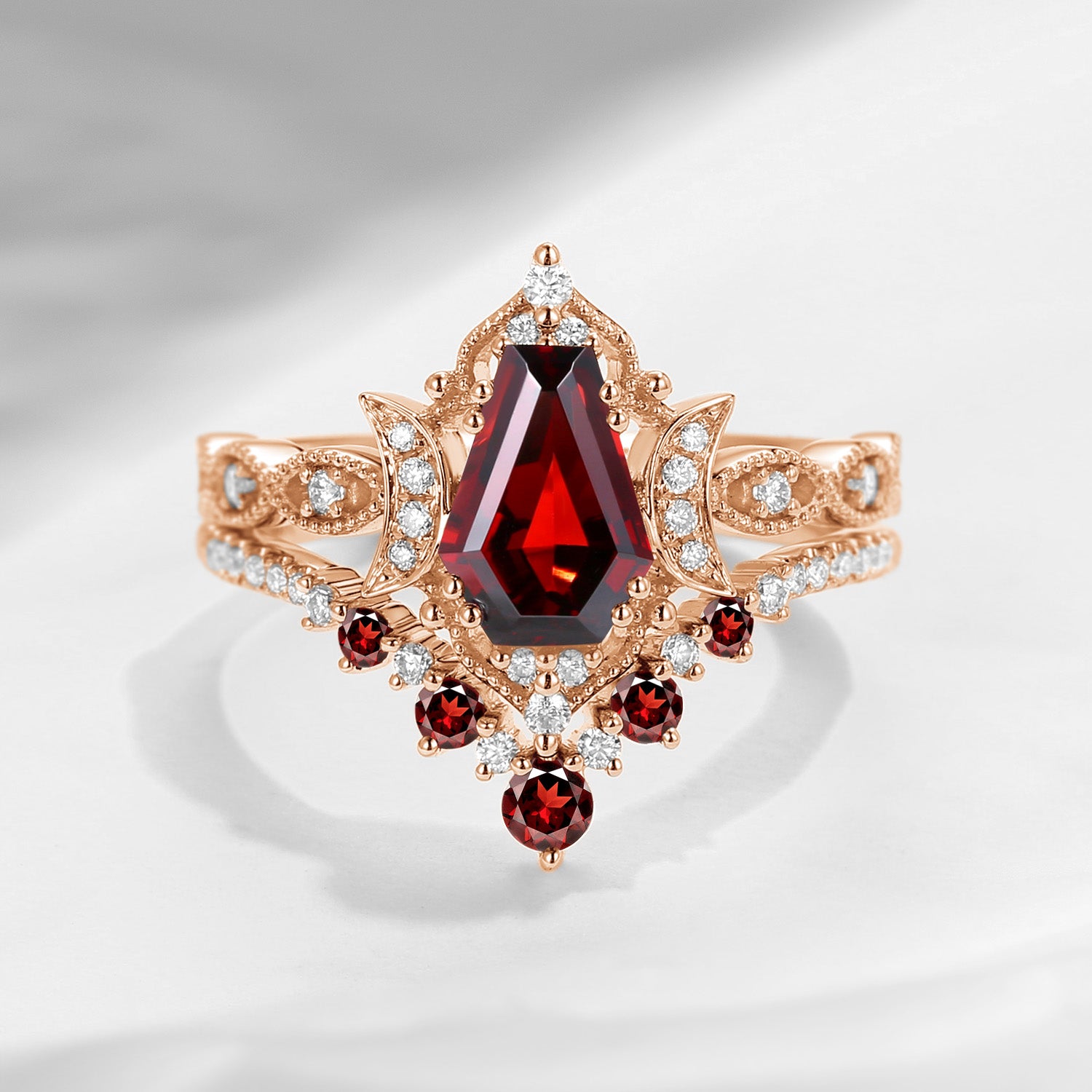 Crescent Moon | Coffin Cut Garnet 'Till Death Do Us Apart' Ring Set 2pcs