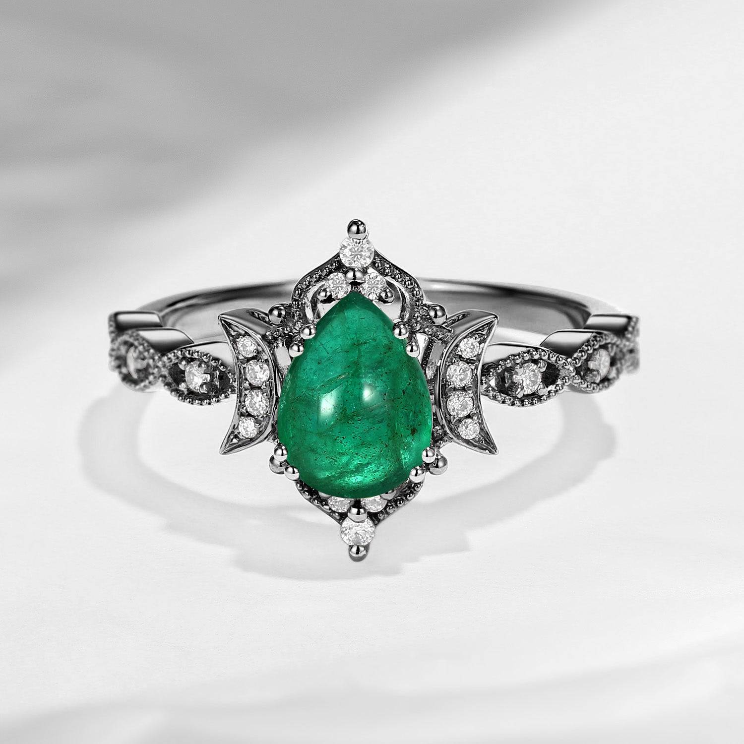 Crescent Moon | Unique Antique Pear Shaped Natural Emerald Moon Engagement Ring