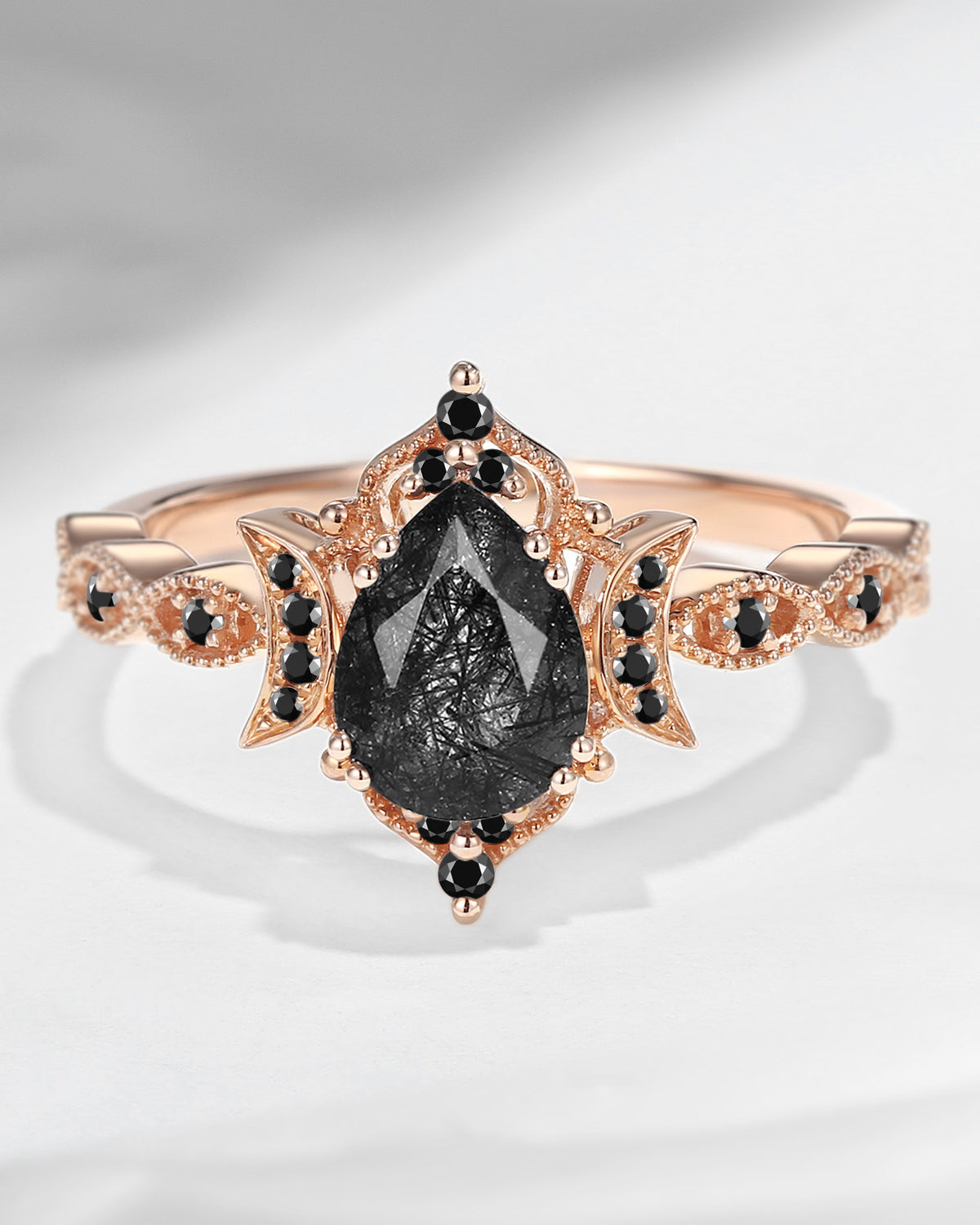 Black Rutilated Quartz Crescent Moon Ring