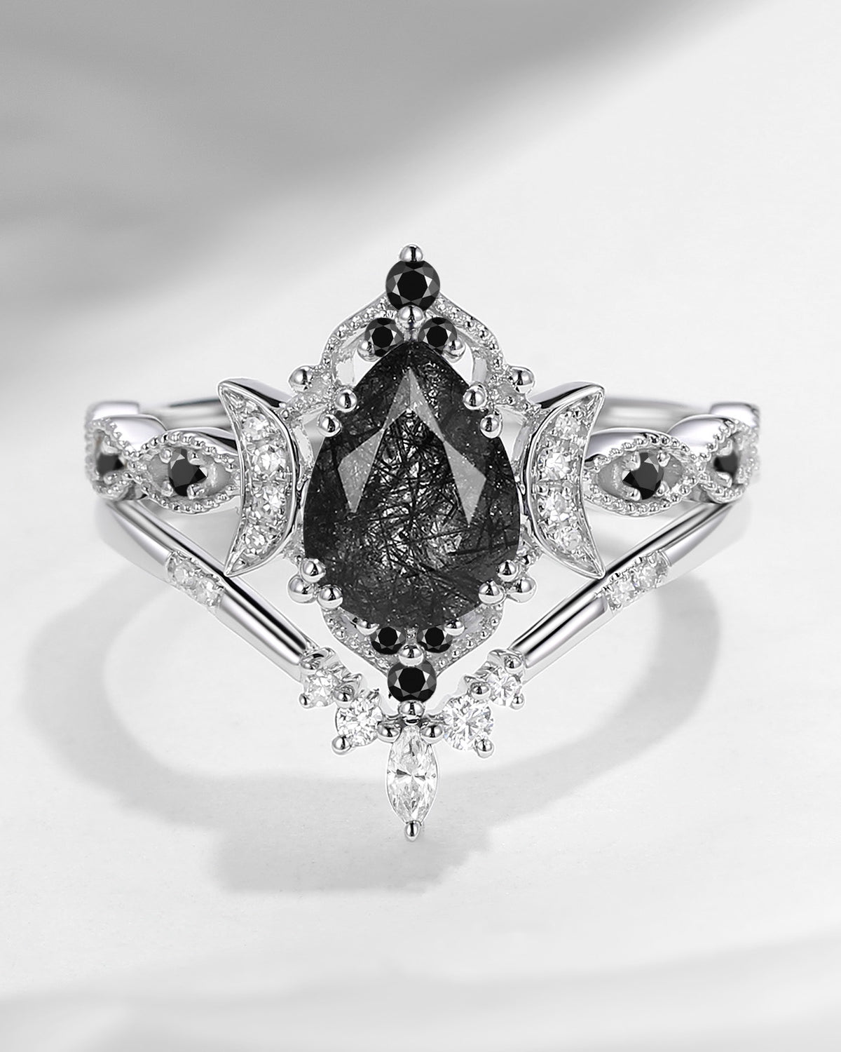 Crescent Moon | 18K Antique Pear Cut Black Rutilated Quartz Engagement Ring Set 2pcs - Dark Moon
