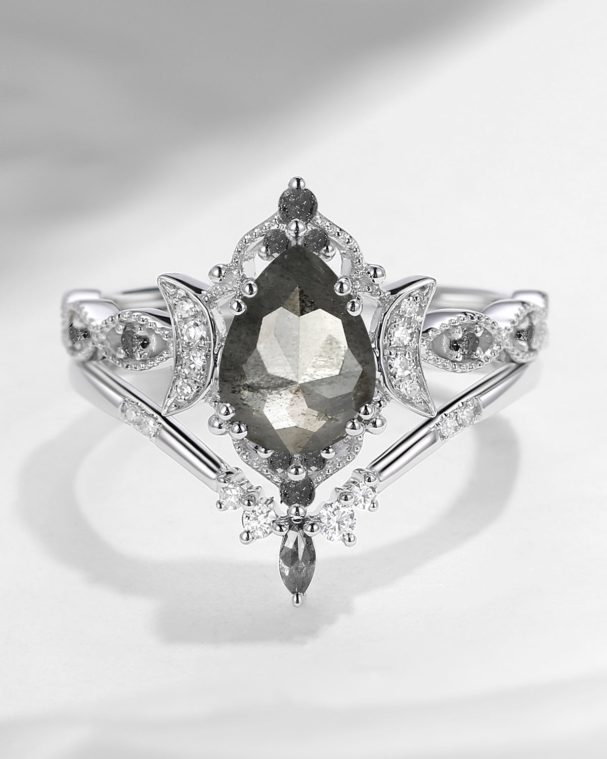 Crescent Moon | Antique Pear Cut Salt And Pepper Diamond Engagement Ring Set 2pcs - Dark Moon