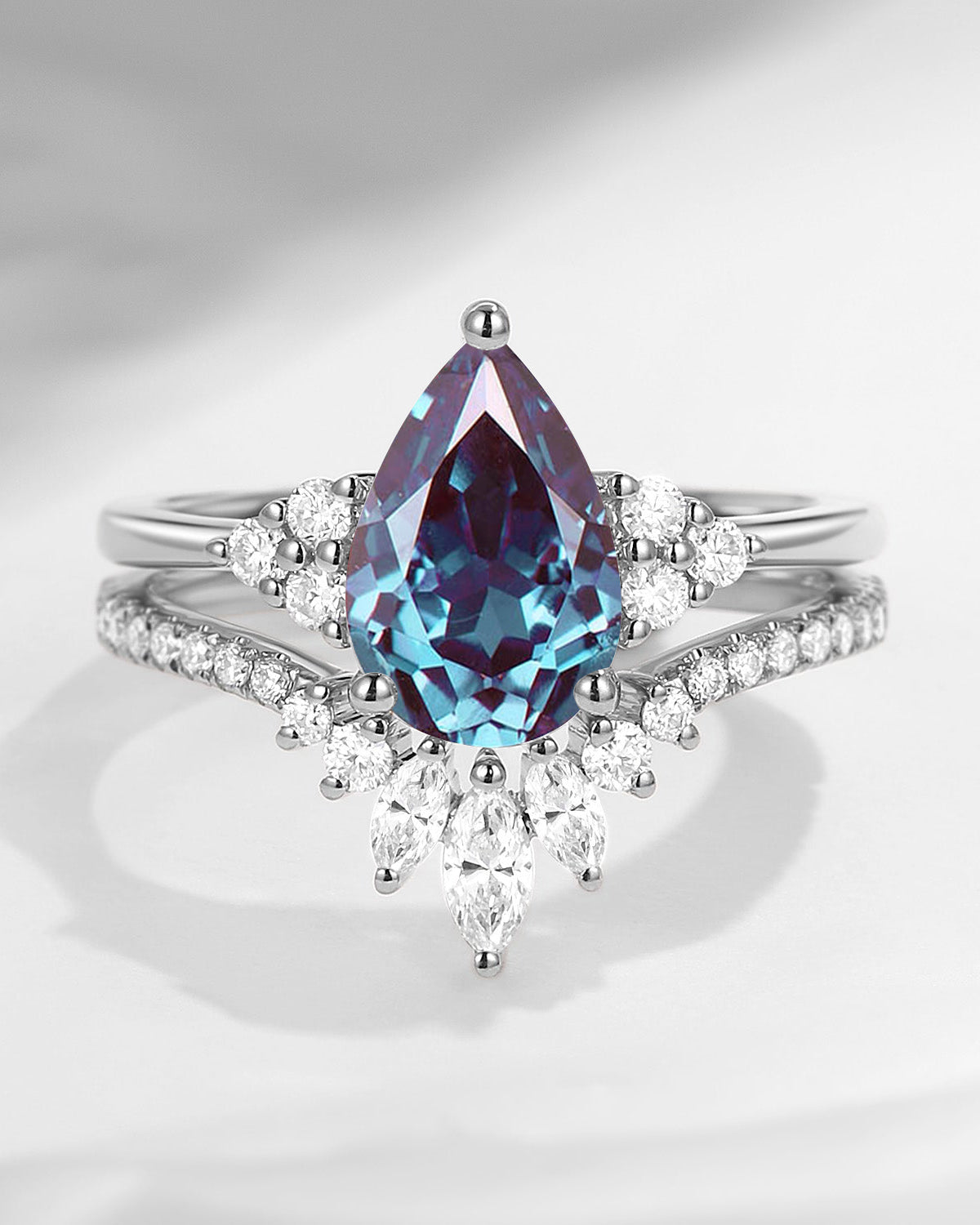 Pear Shaped Cluster Lab Alexandrite Engagement Ring Set 2pcs - Vivian