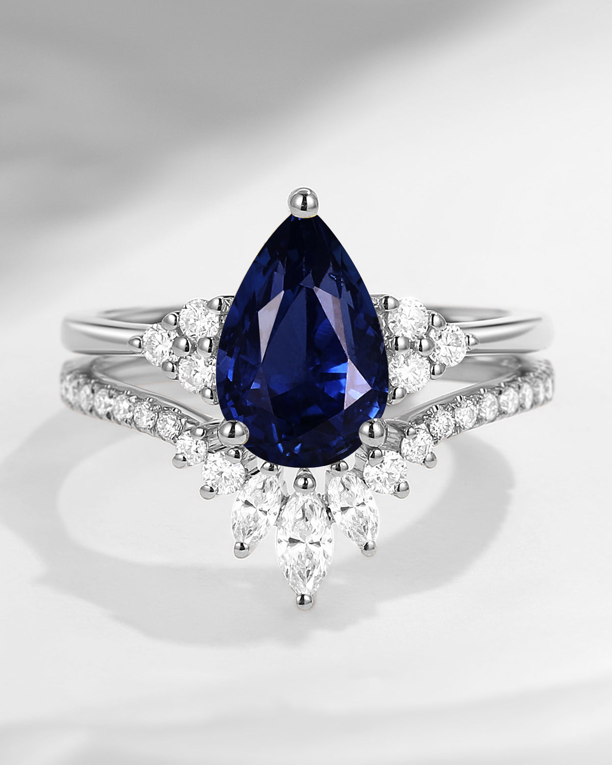 Classic Style Pear Natural Sapphire Cluster Engagement Ring Set 2pcs - Vivian