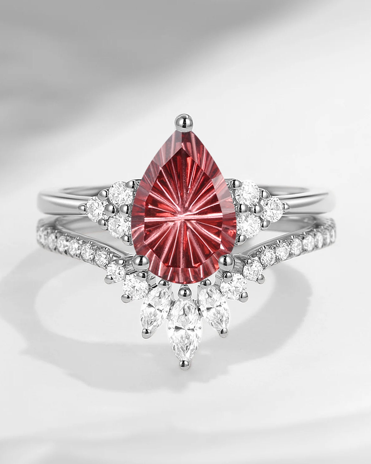 Firework Cut Pear Shaped Classic Cluster Garnet Engagement Ring Set 2pcs - Vivian