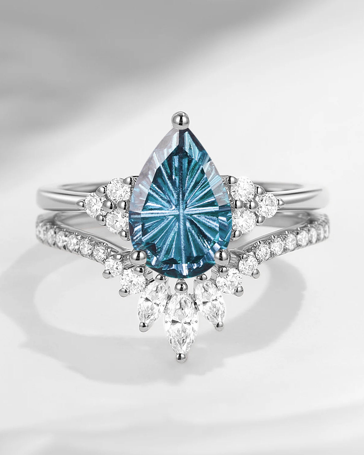 Firework Cut Pear Shaped Classic Cluster Lab Alexandrite Engagement Ring Set 2pcs - Vivian