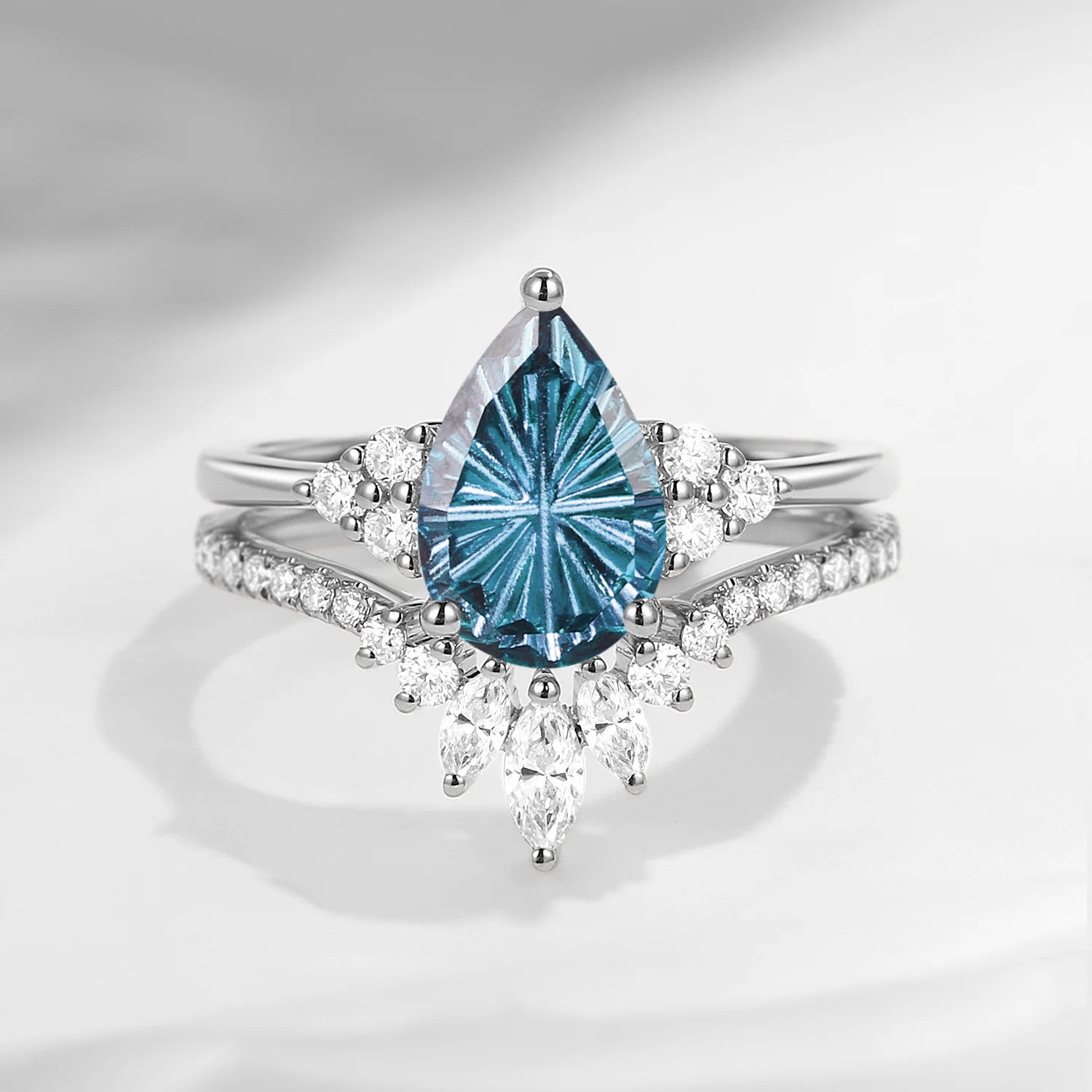 Firework Cut Pear Shaped Classic Cluster Lab Alexandrite Engagement Ring Set 2pcs - Vivian