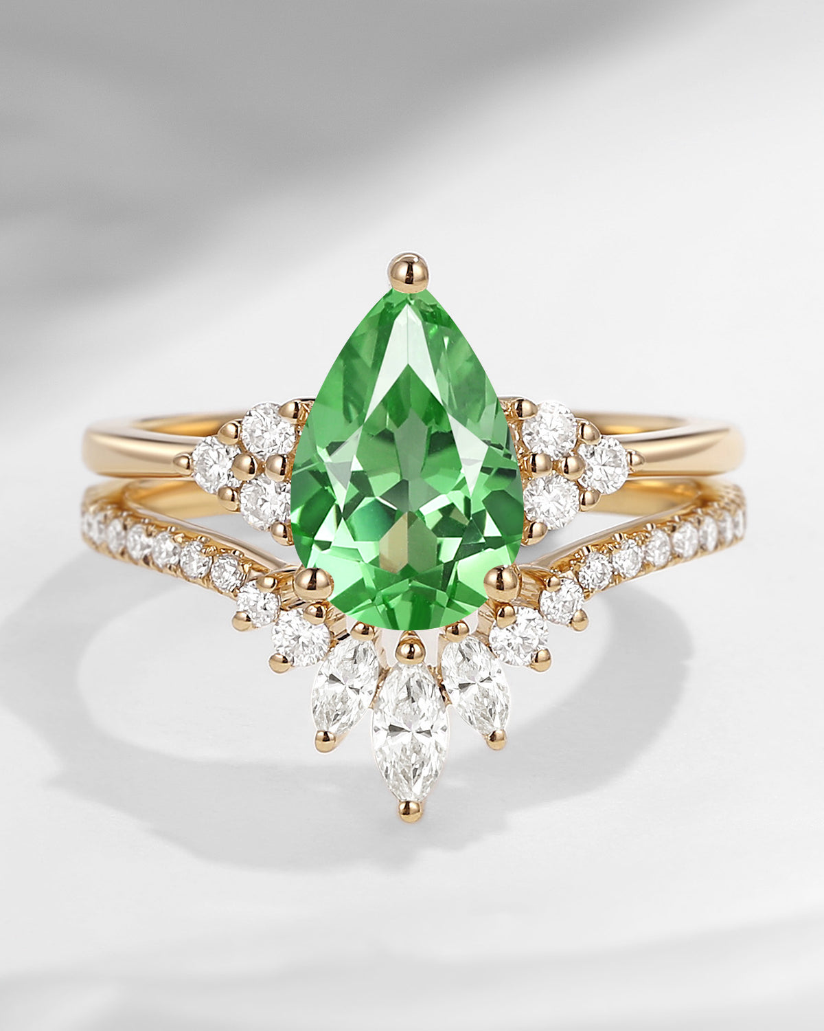Pear Cut Lab Tsavorite Cluster Engagement Ring Set 2pcs - Vivian