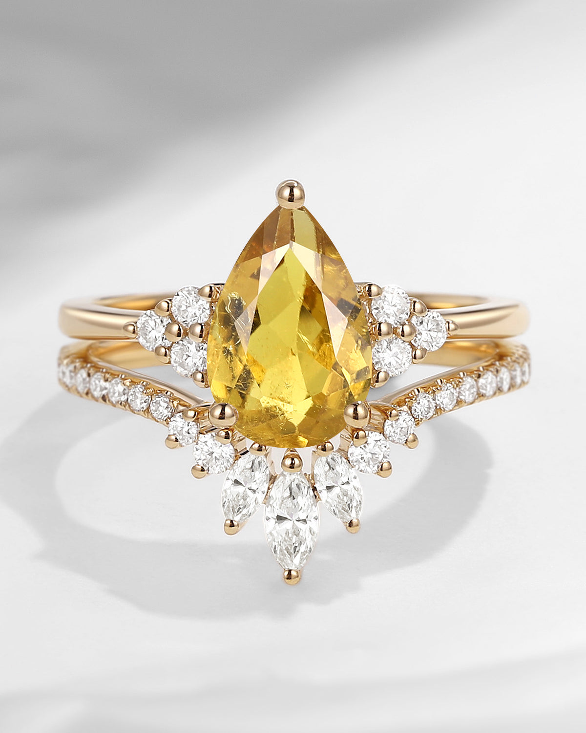 Classic Style Pear Natural Yellow Tourmaline Cluster Engagement Ring Set 2pcs - Vivian