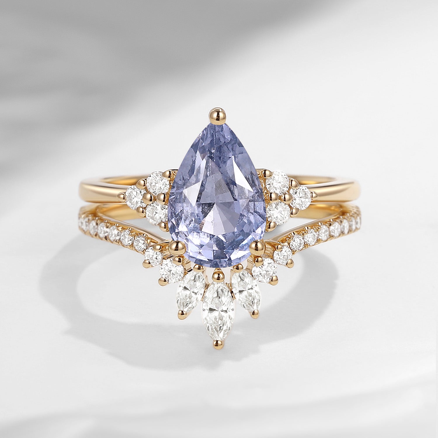 Pear Shaped Natural Spinel Classic Cluster Engagement Ring Set 2pcs - Vivian