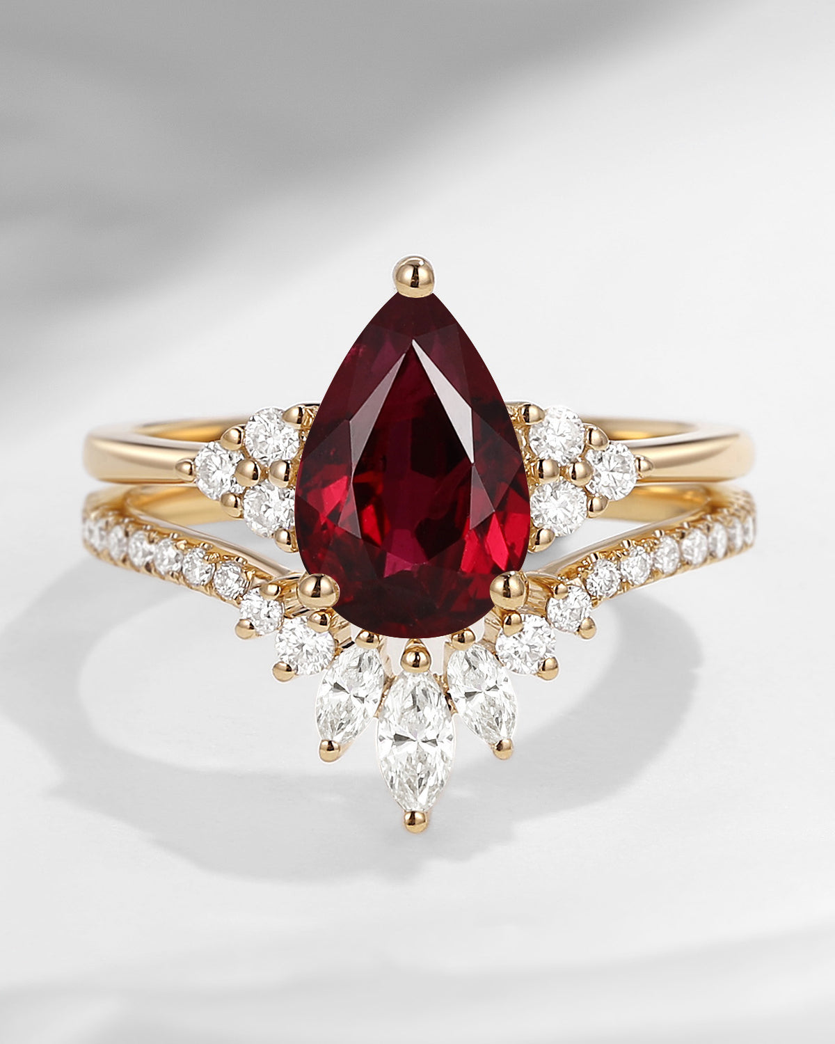 Classic Style Pear Natural Ruby Cluster Engagement Ring Set 2pcs - Vivian