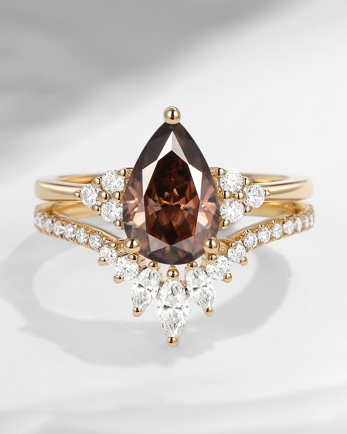 Pear Shaped Cluster Coffee Brown Moissanite Engagement Ring Set 2pcs - Vivian