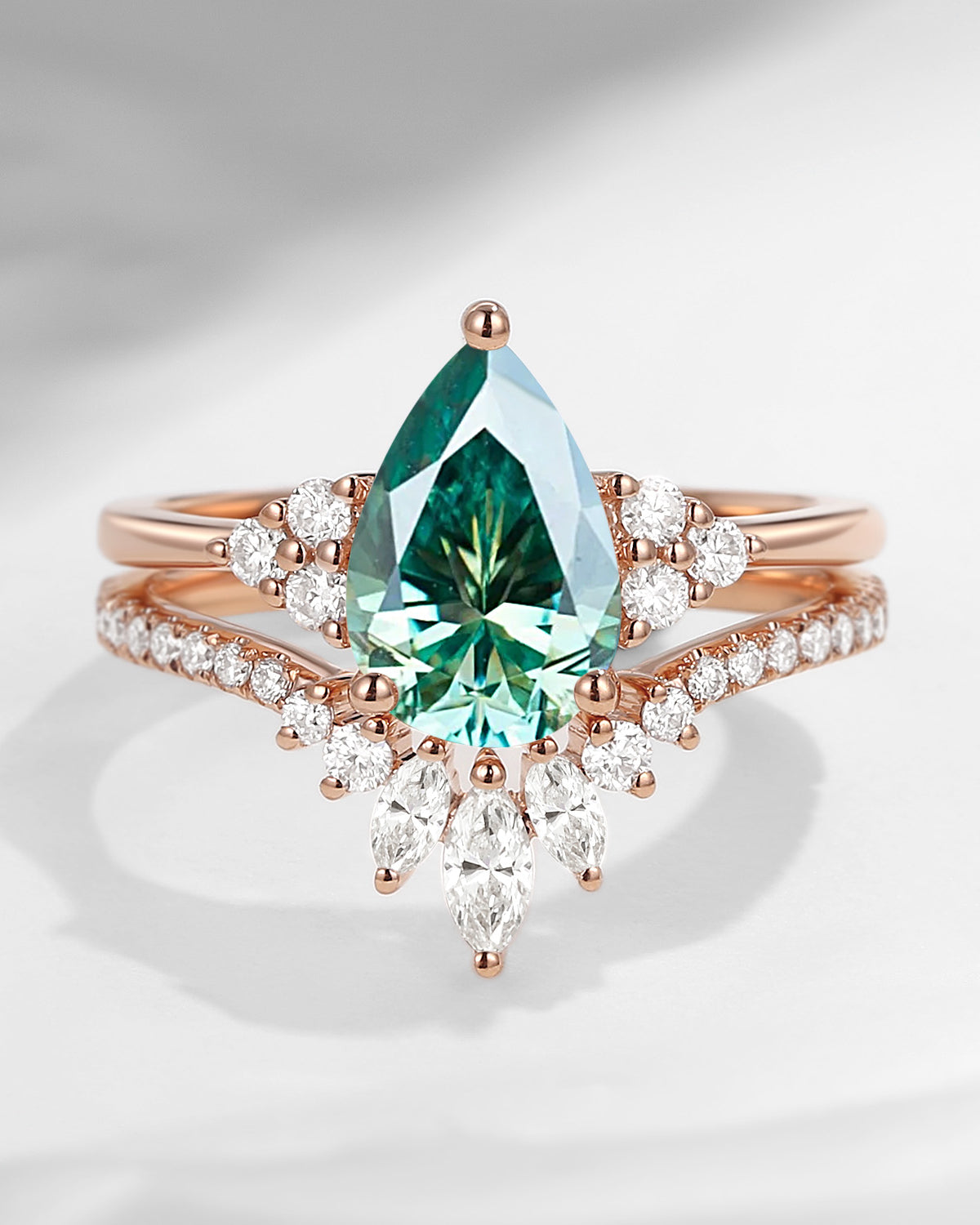Pear Cut Teal Moissanite Cluster Engagement Ring Set 2pcs - Vivian