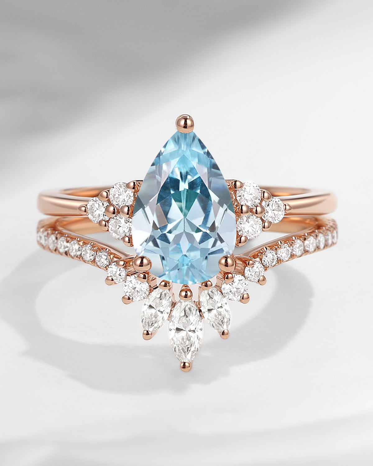 Pear Cut Aquamarine Cluster Engagement Ring Set 2pcs - Vivian