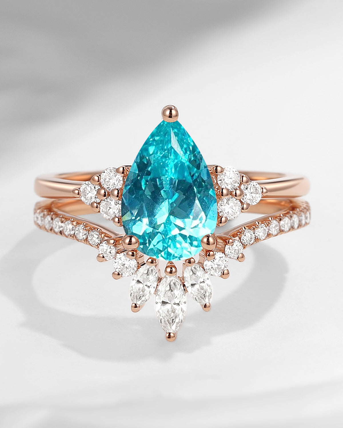 Pear Cut Lab Paraiba Cluster Engagement Ring Set 2pcs - Vivian