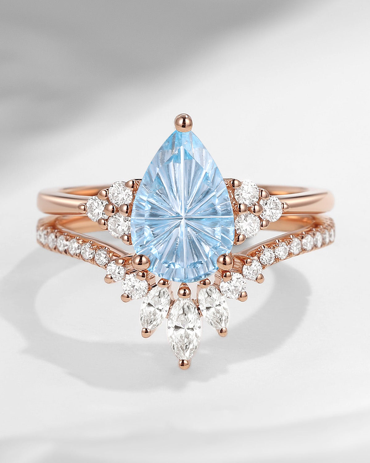 Pear Fantasy Carved Natural Aquamarine Cluster Engagement Ring Set 2pcs - Vivian