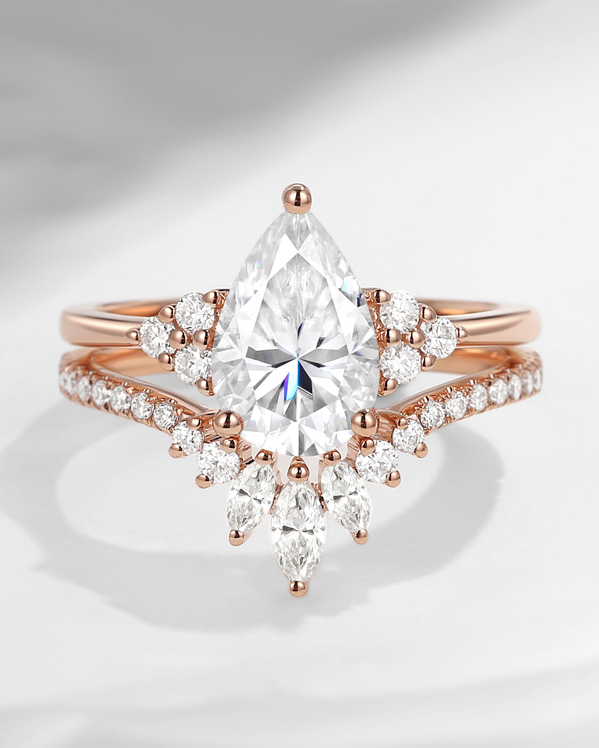 1.5ct Pear Shaped Classic Cluster Moissanite Engagement Ring Set 2pcs - Vivian