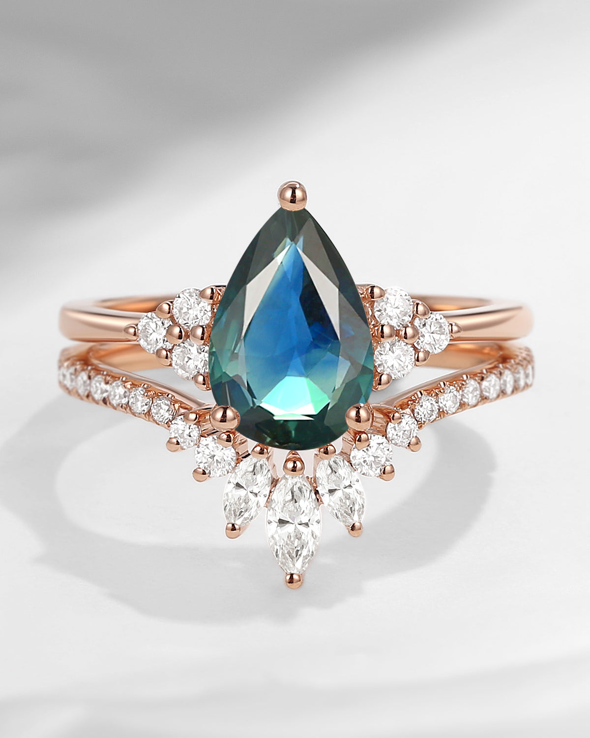 Pear Cut Natural Teal Sapphire Cluster Engagement Ring Set 2pcs - Vivian