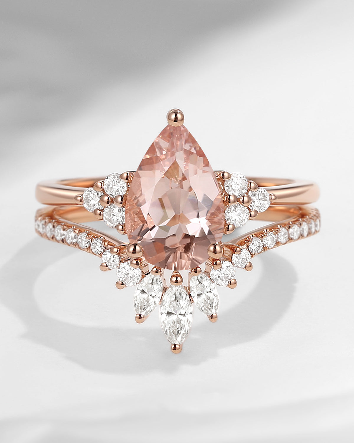 1.5ct Pear Shaped Morganite Classic Cluster Engagement Ring Set 2pcs - Vivian