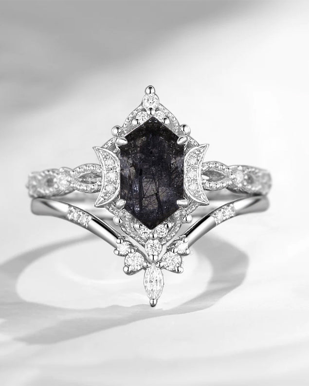 Crescent Moon | Art Deco Long Hexagon Black Rutilated Quartz Engagement Ring Set 2PCS