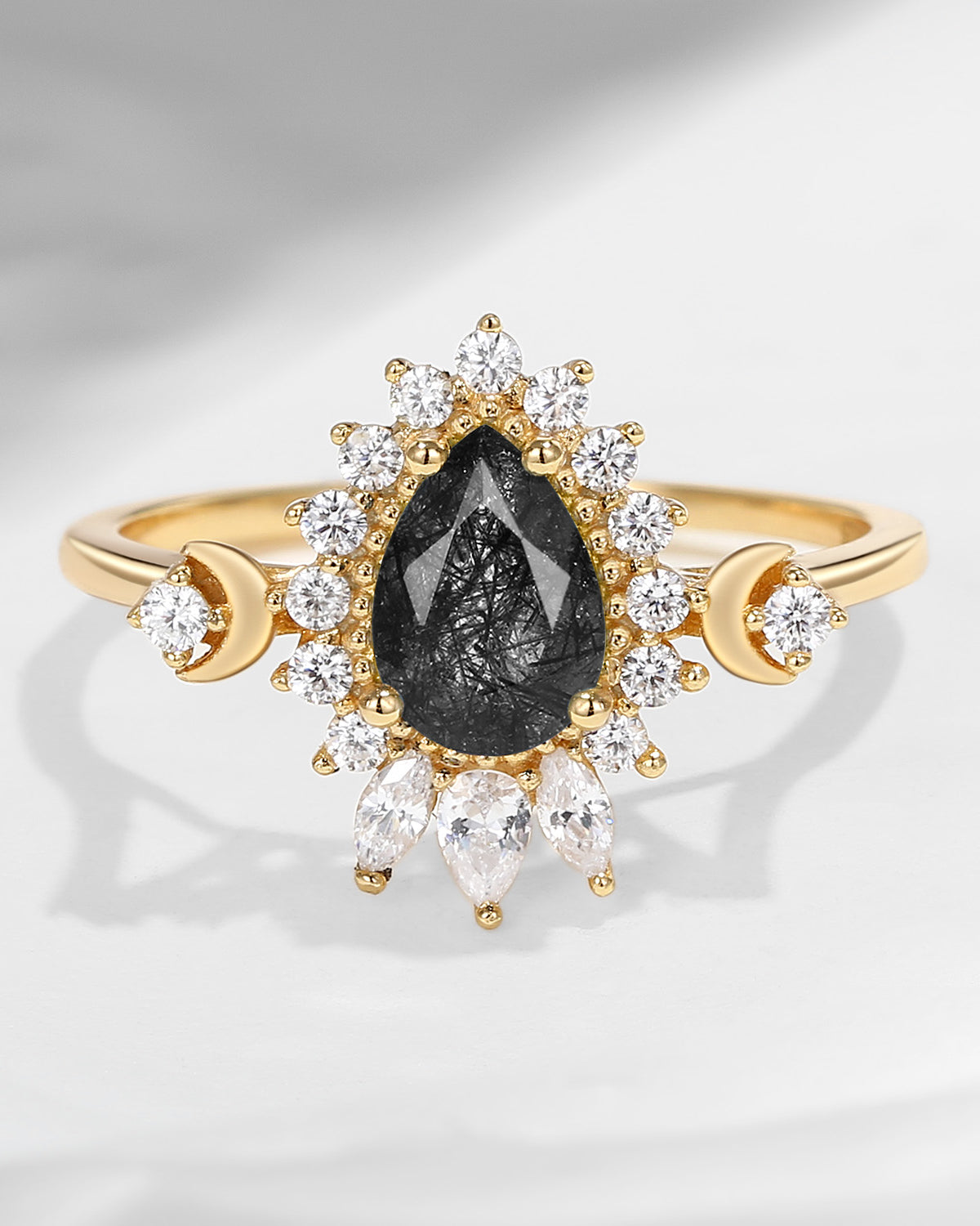 Crescent Moon | Pear Cut Black Rutilated Quartz Cluster Halo Ring