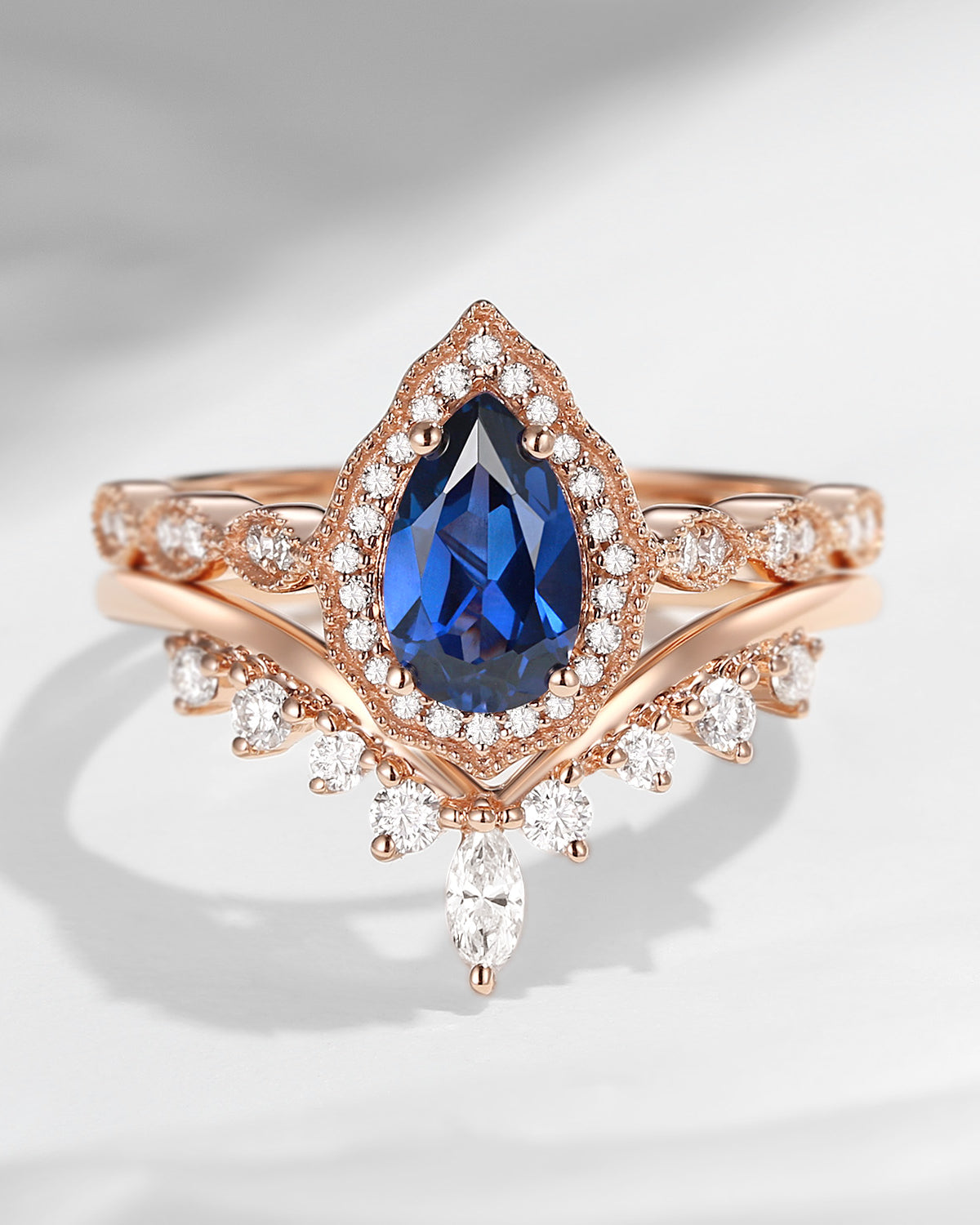 Unique Pear Cut Lab Sapphire Engagement Halo Ring