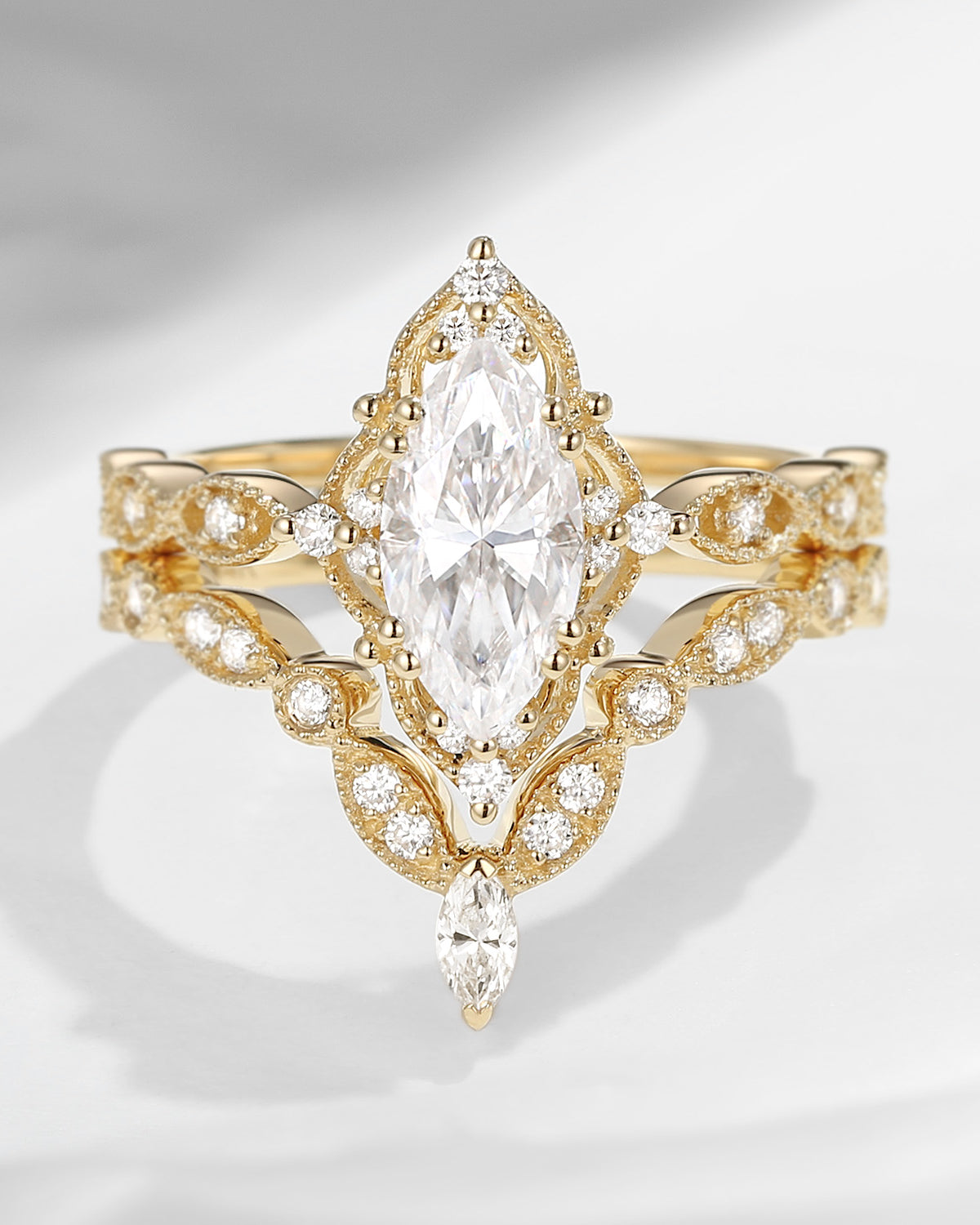 Vintage Inspired Marquise Milgrain Moissanite Bridal Set 2pcs