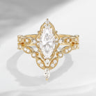 Vintage Inspired Marquise Milgrain Moissanite Bridal Set 2pcs