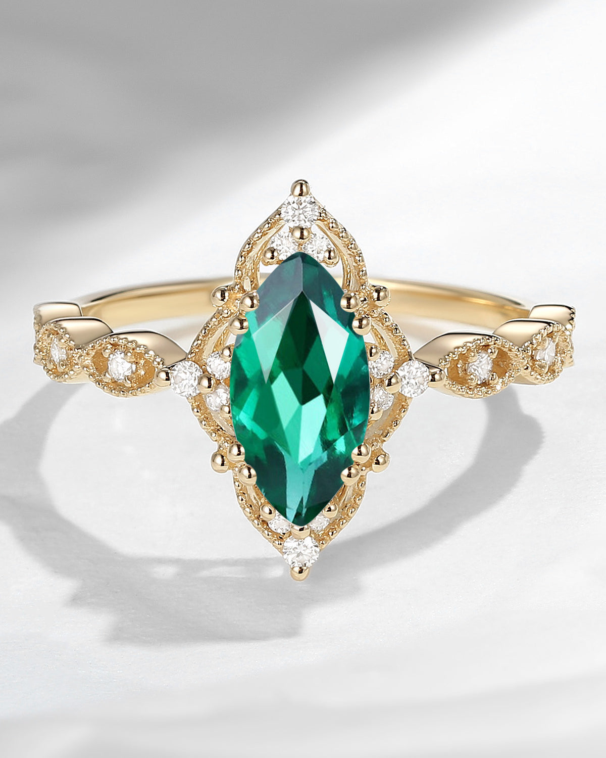 18K Unique Marquise Lab Emerald Vintage Inspired Engagement Ring