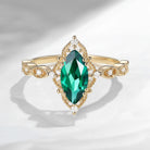 18K Unique Marquise Lab Emerald Vintage Inspired Engagement Ring