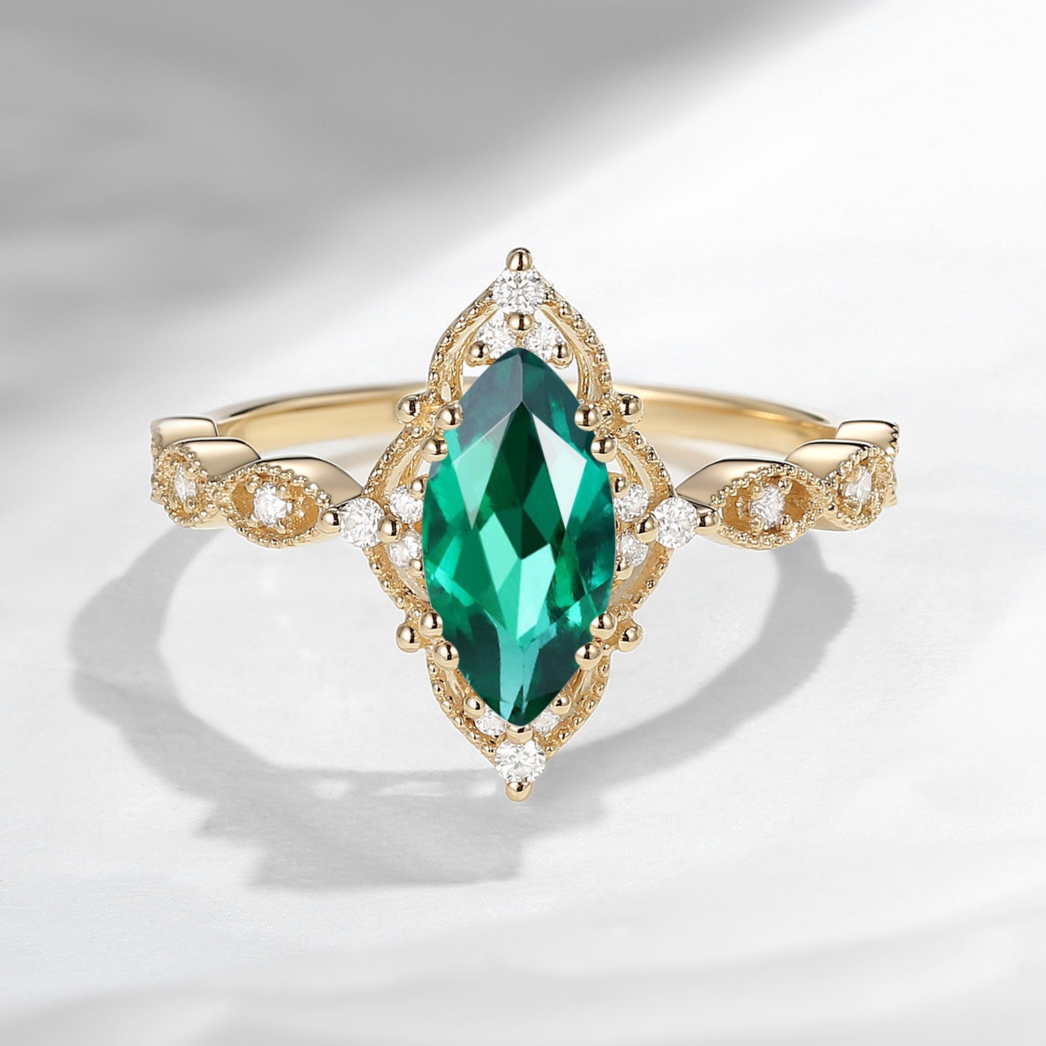 18K Unique Marquise Lab Emerald Vintage Inspired Engagement Ring