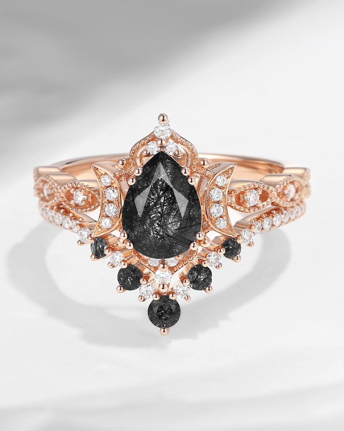 Crescent Moon | Pear Shaped Black Rutilated Quartz Engagement Ring Set 2pcs 18k - Waning Moon
