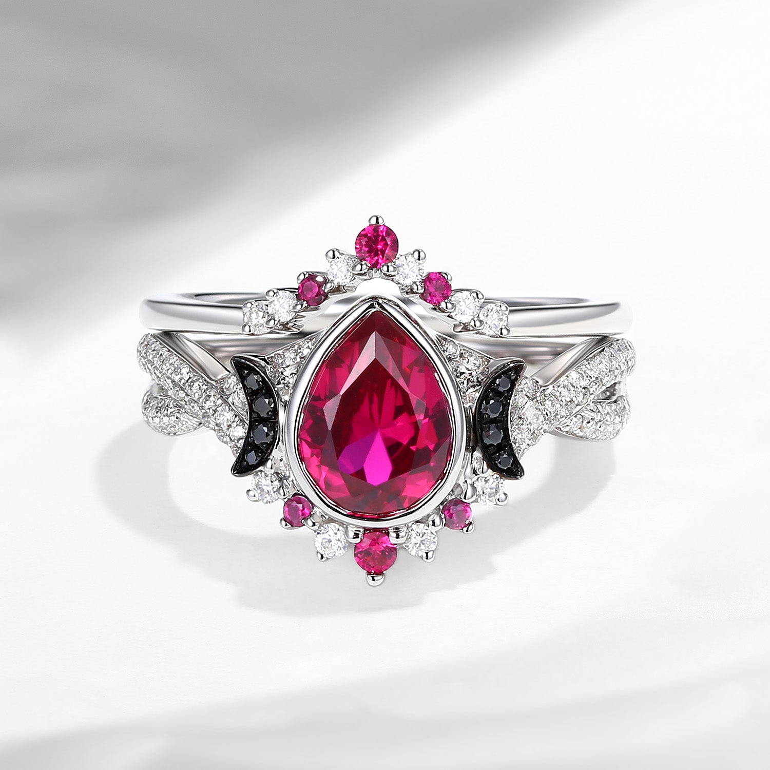 Crescent Moon | Infinity Pear Cut Lab Ruby Engagement Ring Set 2pcs- Dark Rose
