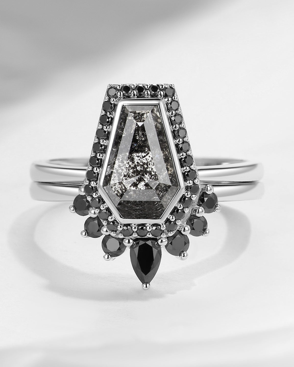 Coffin Cut Salt And Pepper Diamond Engagement Ring Set 2pcs
