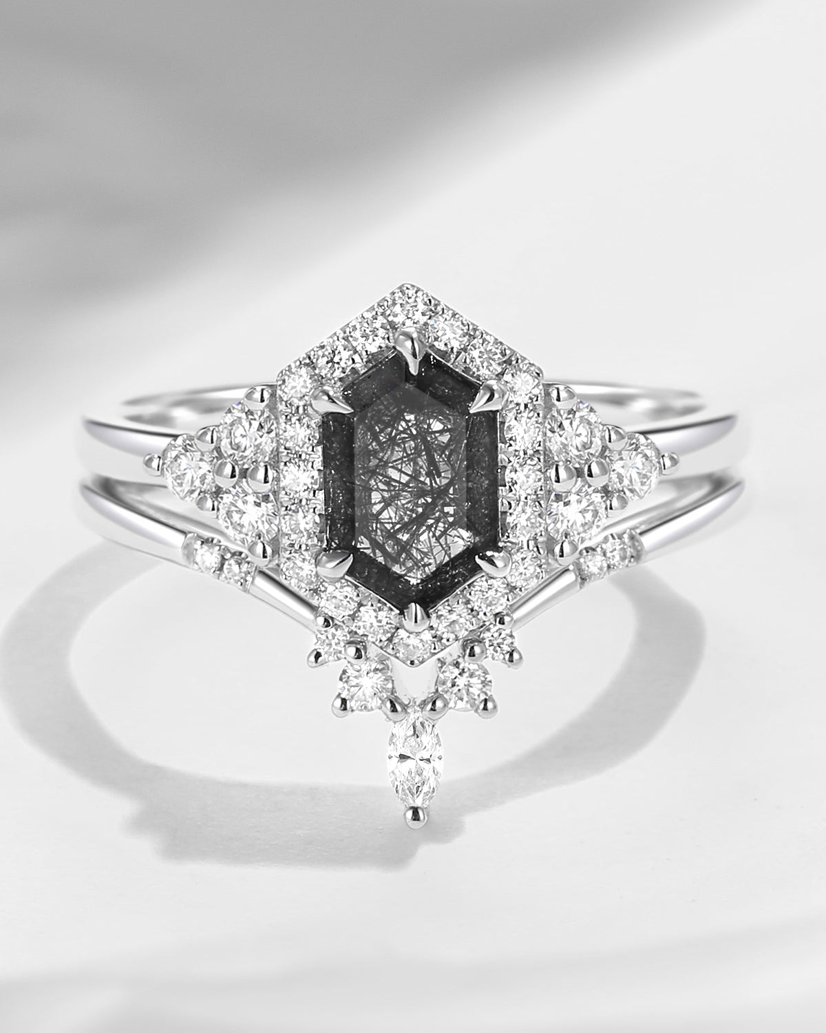 Long Hexagon Black Rutilated Quartz Halo Engagement Ring Set 2pcs