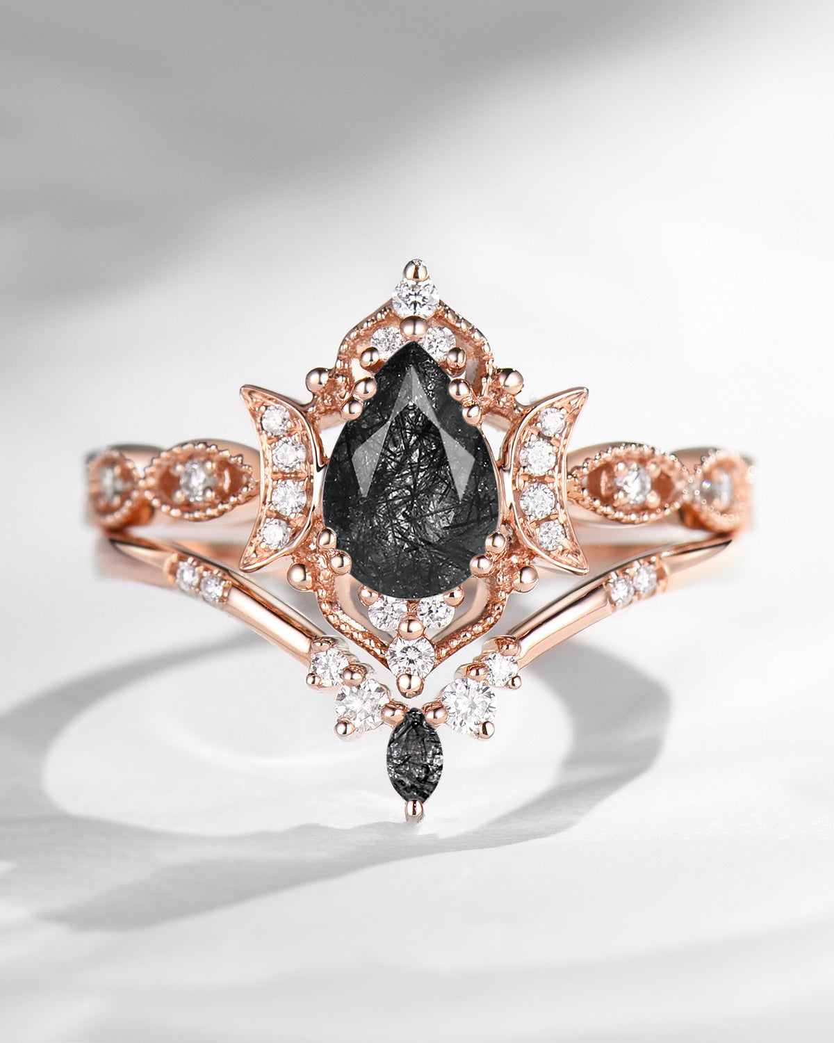 Crescent Moon | Vintage Pear Cut Black Rutilated Quartz Engagement Ring 2pcs-Luna