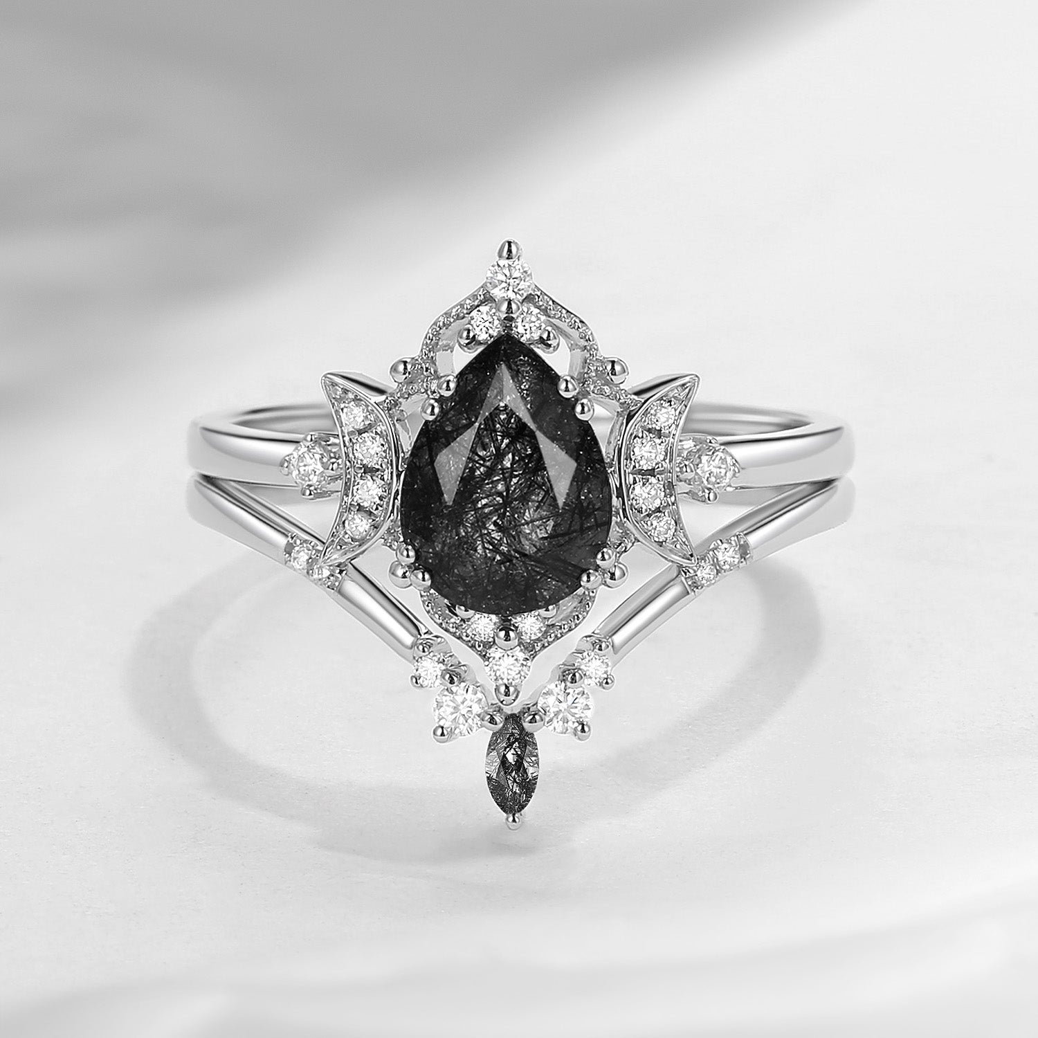 Crescent Moon | Vintage Pear Cut Black Rutilated Quartz Engagement Ring 2pcs