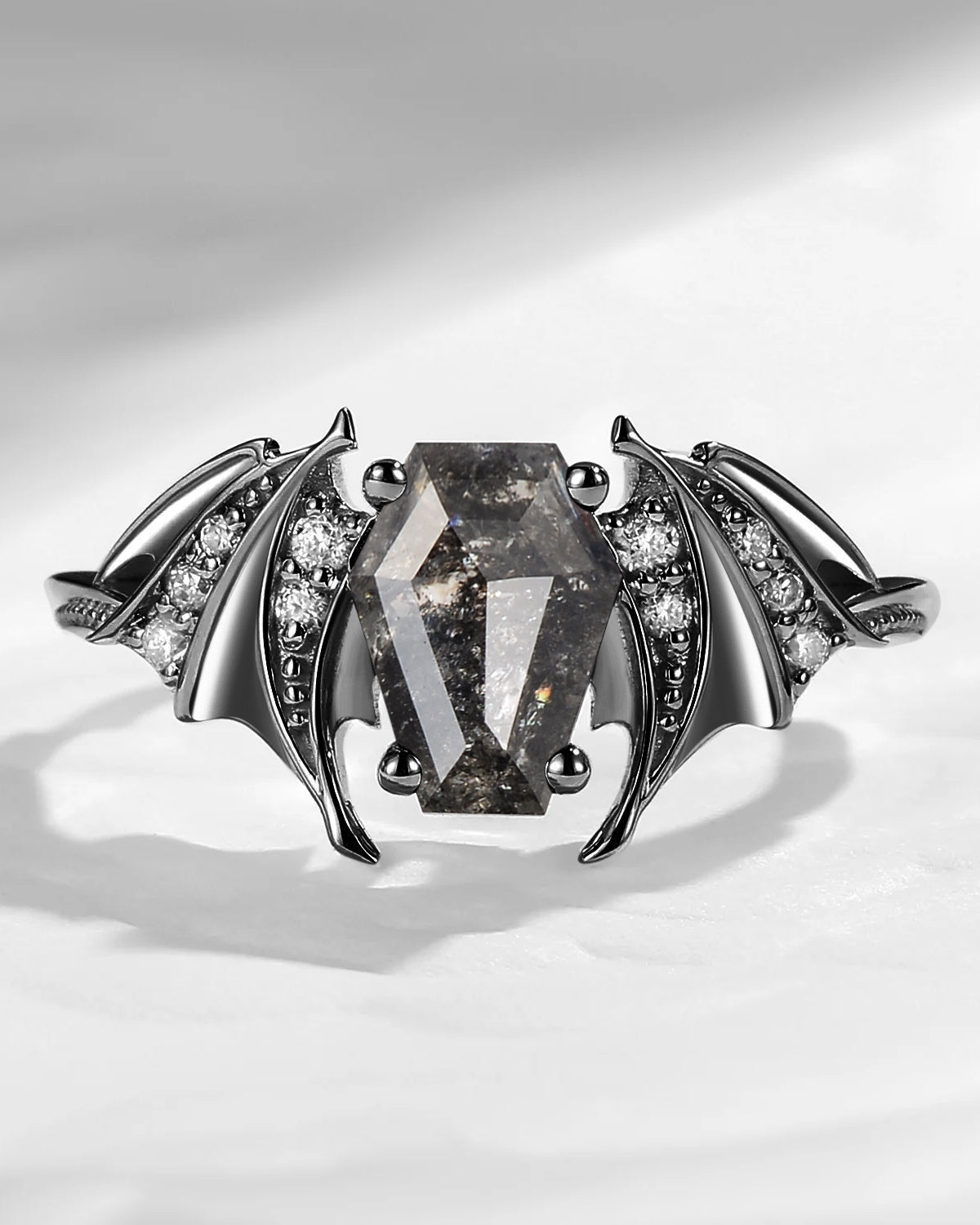 Coffin Cut Salt And Pepper Diamond Bat Wing Inspired Black Gold Engagement Ring - Bat Ring